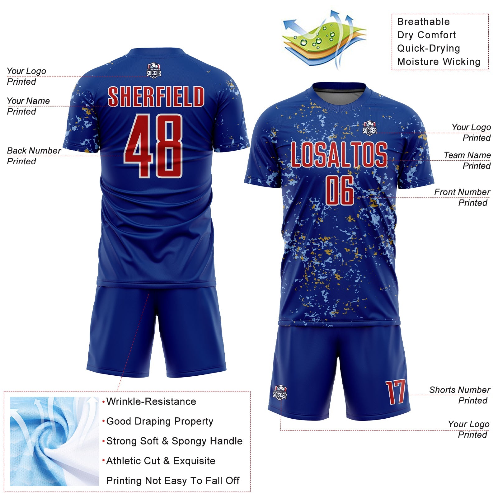 Custom Royal Red Old Gold-Light Blue Abstract Fragment Art Sublimation Soccer Uniform Jersey - Sky-Custom