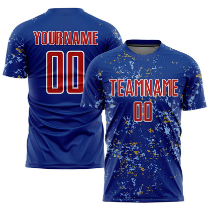 Custom Royal Red Old Gold-Light Blue Abstract Fragment Art Sublimation Soccer Uniform Jersey - Sky-Custom