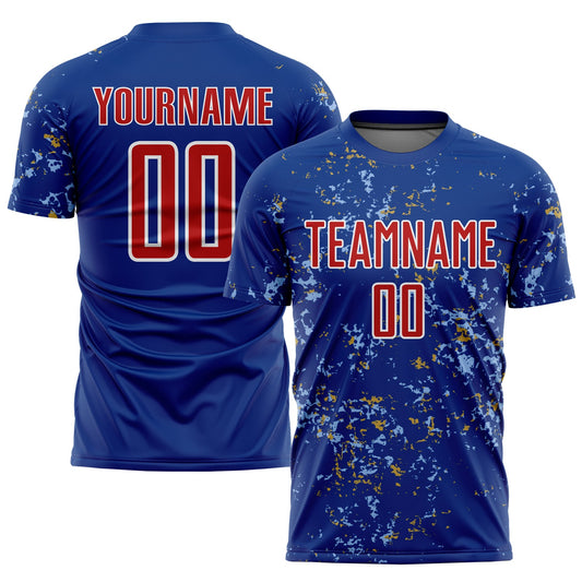 Custom Royal Red Old Gold-Light Blue Abstract Fragment Art Sublimation Soccer Uniform Jersey - Sky-Custom