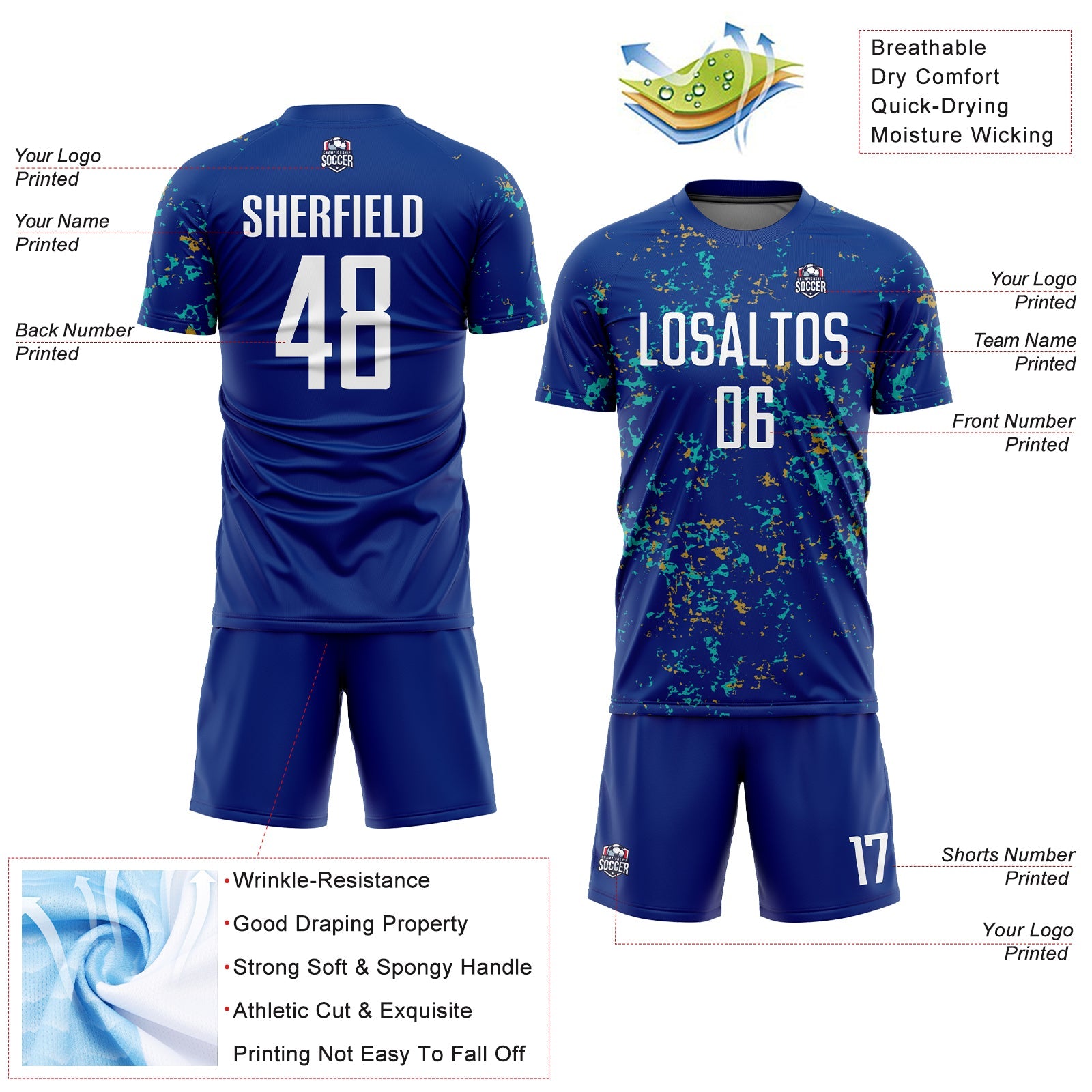 Custom Royal Old Gold-Aqua Abstract Fragment Art Sublimation Soccer Uniform Jersey - Sky-Custom