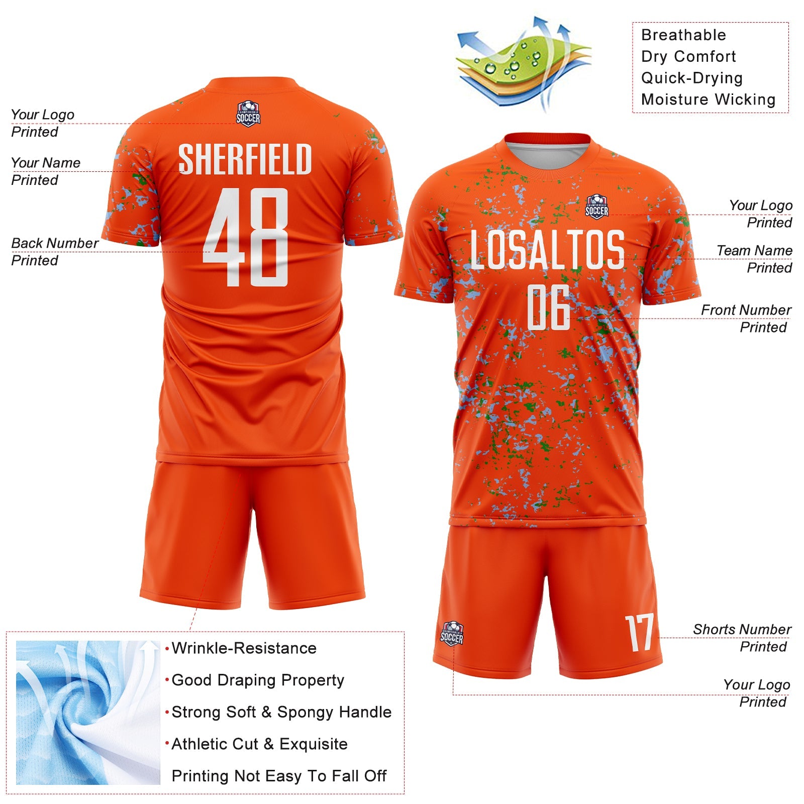 Custom Orange Light Blue-Grass Green Abstract Fragment Art Sublimation Soccer Uniform Jersey - Sky-Custom