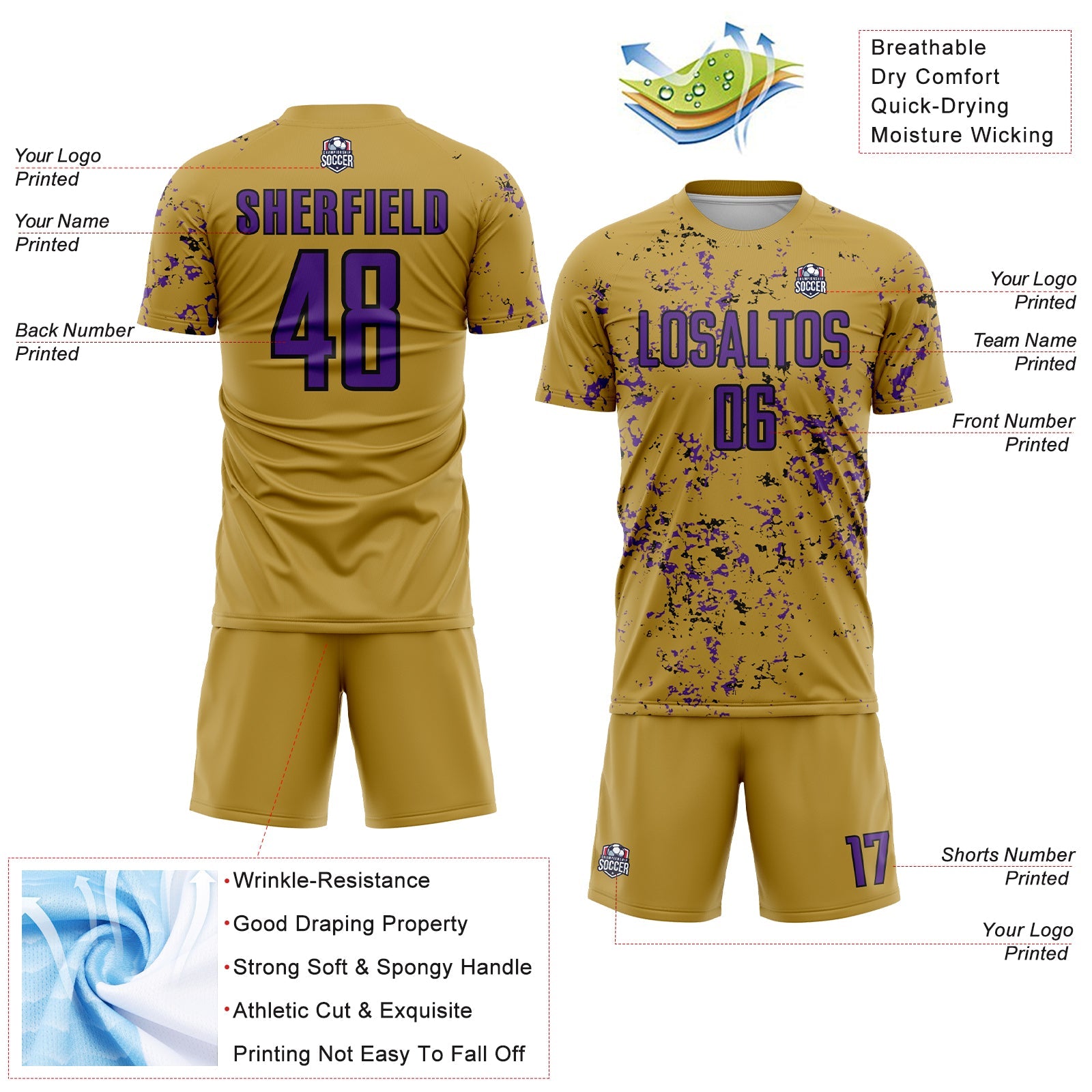 Custom Old Gold Purple-Black Abstract Fragment Art Sublimation Soccer Uniform Jersey - Sky-Custom