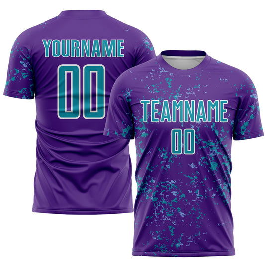 Custom Purple Teal-Light Blue Abstract Fragment Art Sublimation Soccer Uniform Jersey - Sky-Custom