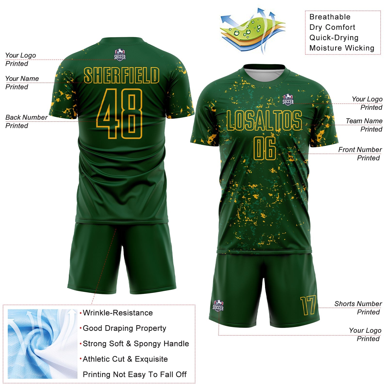 Custom Green Gold-Kelly Green Abstract Fragment Art Sublimation Soccer Uniform Jersey - Sky-Custom
