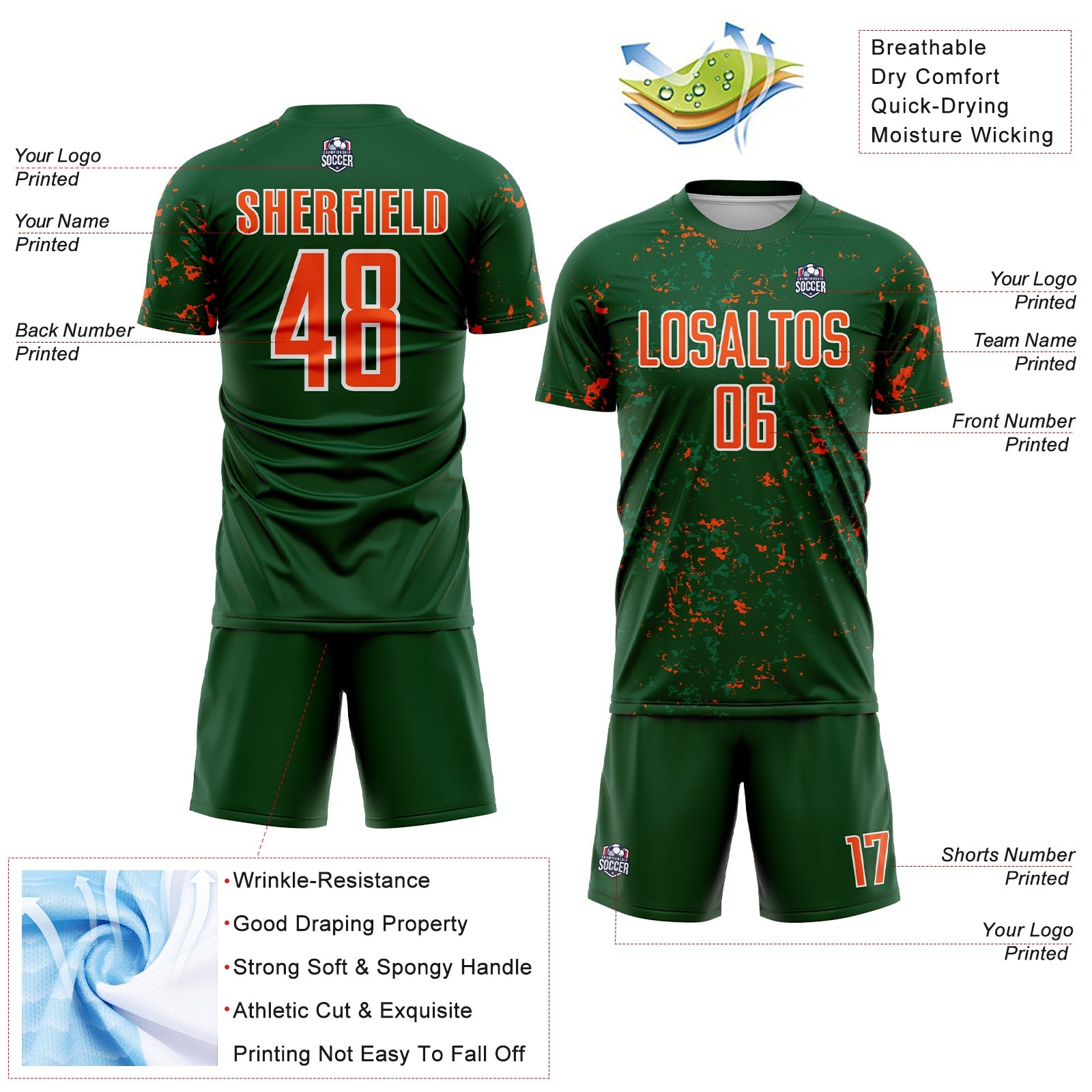 Custom Green Orange-Kelly Green Abstract Fragment Art Sublimation Soccer Uniform Jersey - Sky-Custom