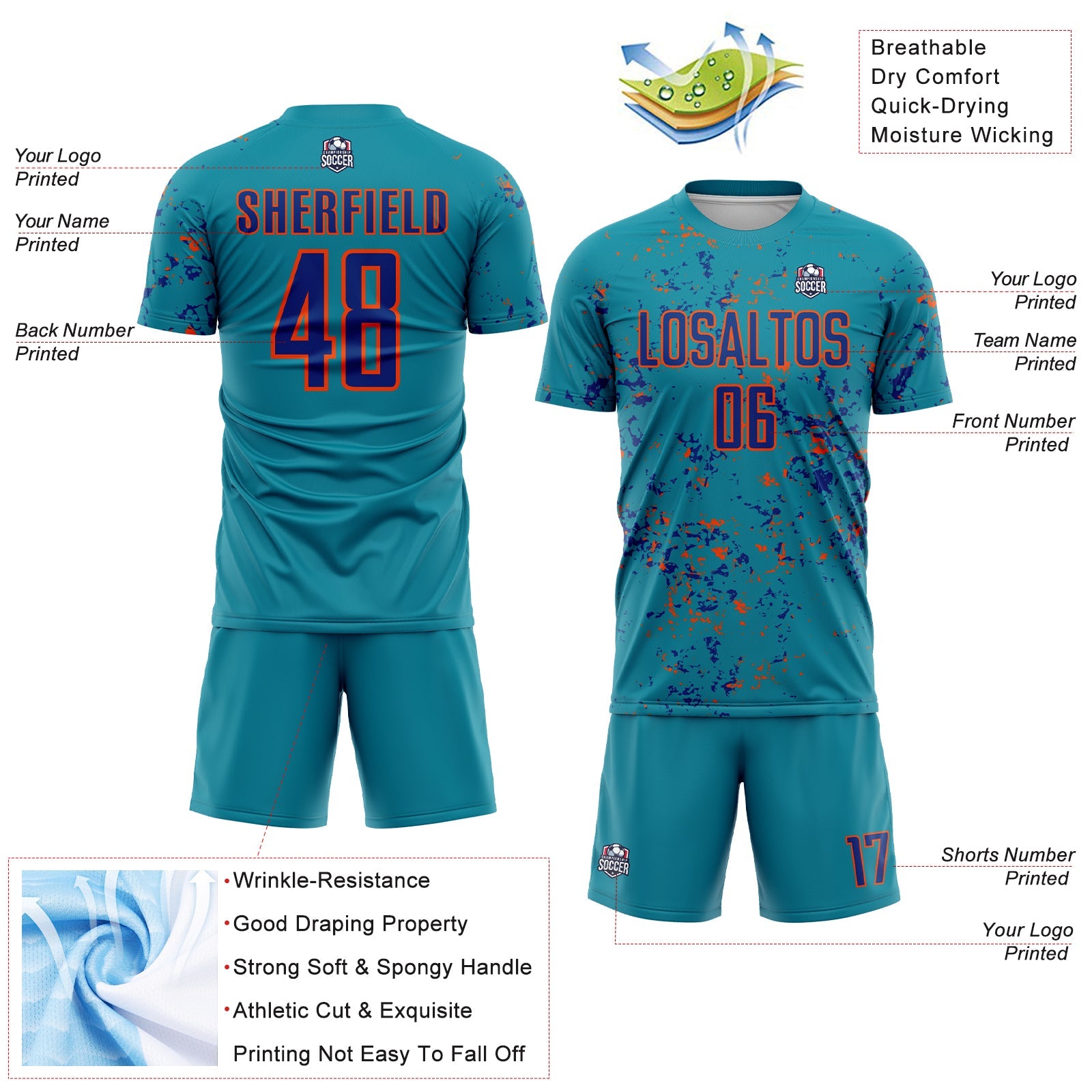 Custom Teal Royal-Orange Abstract Fragment Art Sublimation Soccer Uniform Jersey - Sky-Custom