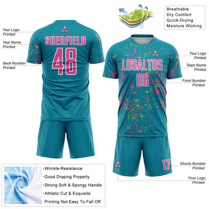 Custom Teal Pink-Neon Green Abstract Fragment Art Sublimation Soccer Uniform Jersey - Sky-Custom