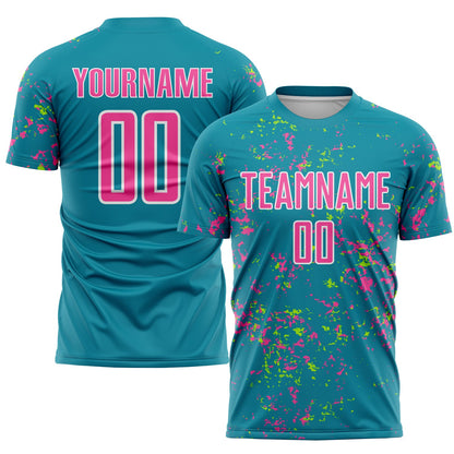 Custom Teal Pink-Neon Green Abstract Fragment Art Sublimation Soccer Uniform Jersey - Sky-Custom