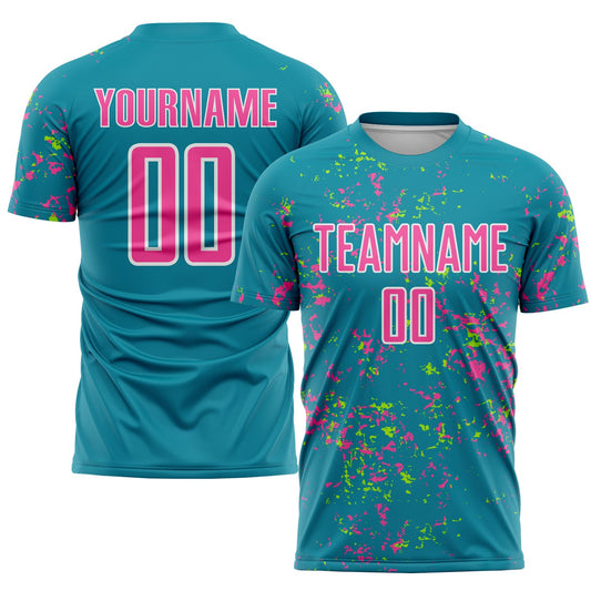 Custom Teal Pink-Neon Green Abstract Fragment Art Sublimation Soccer Uniform Jersey - Sky-Custom