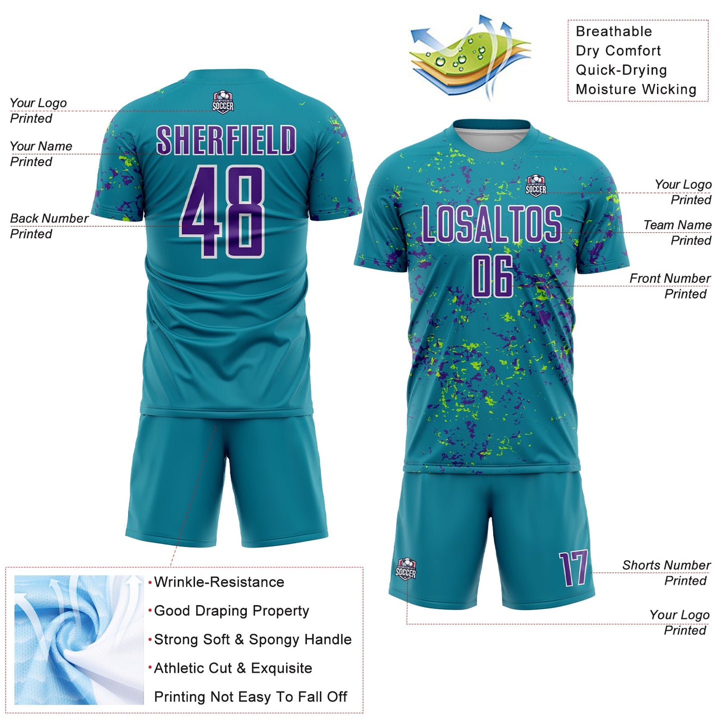 Custom Teal Purple-Neon Green Abstract Fragment Art Sublimation Soccer Uniform Jersey - Sky-Custom