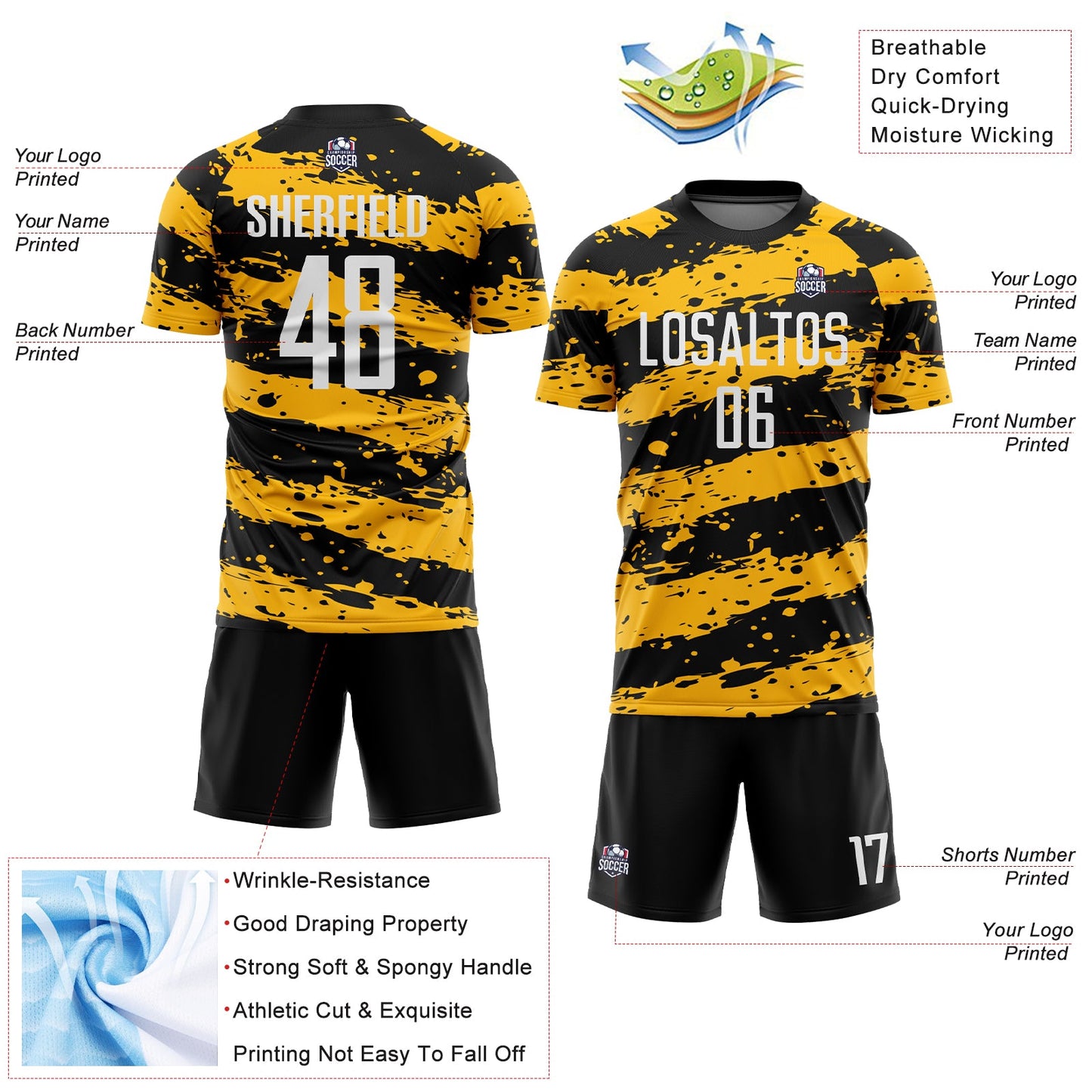 Custom Black White-Gold Splash Sublimation Soccer Uniform Jersey - Sky-Custom