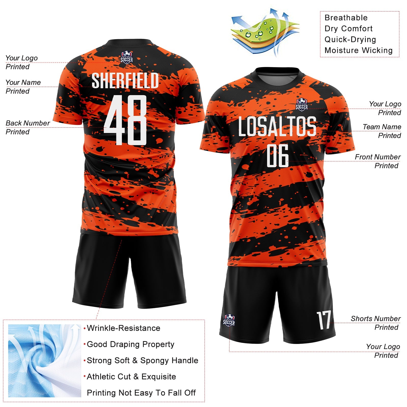 Custom Black White-Orange Splash Sublimation Soccer Uniform Jersey - Sky-Custom