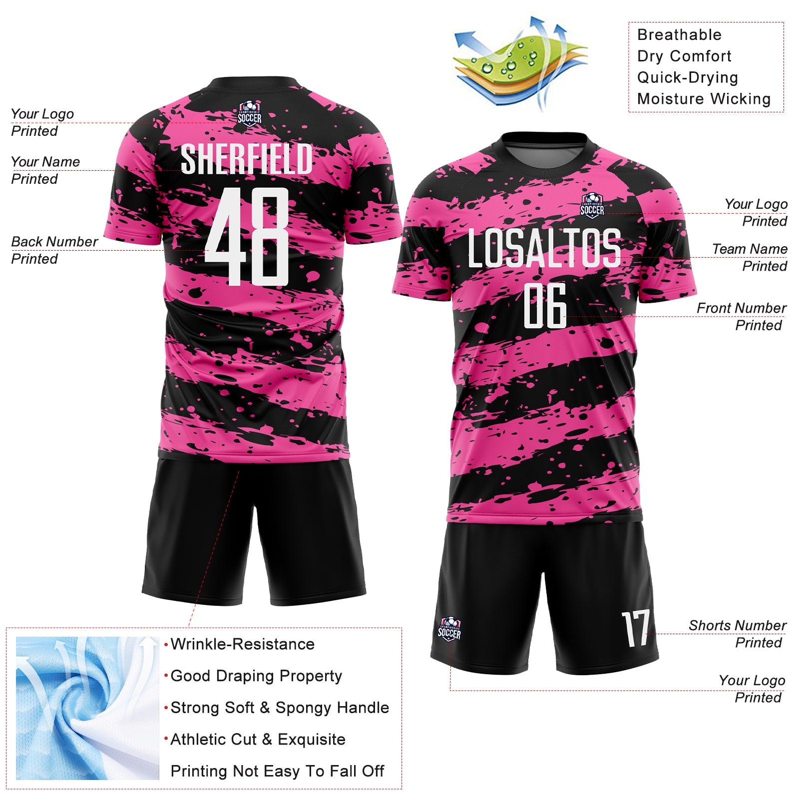 Custom Black White-Pink Splash Sublimation Soccer Uniform Jersey - Sky-Custom