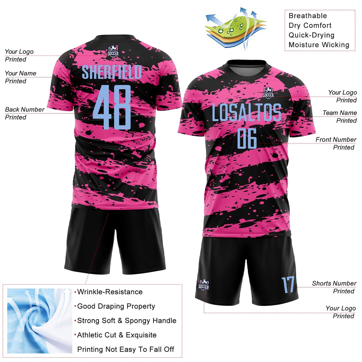Custom Black Light Blue-Pink Splash Sublimation Soccer Uniform Jersey - Sky-Custom