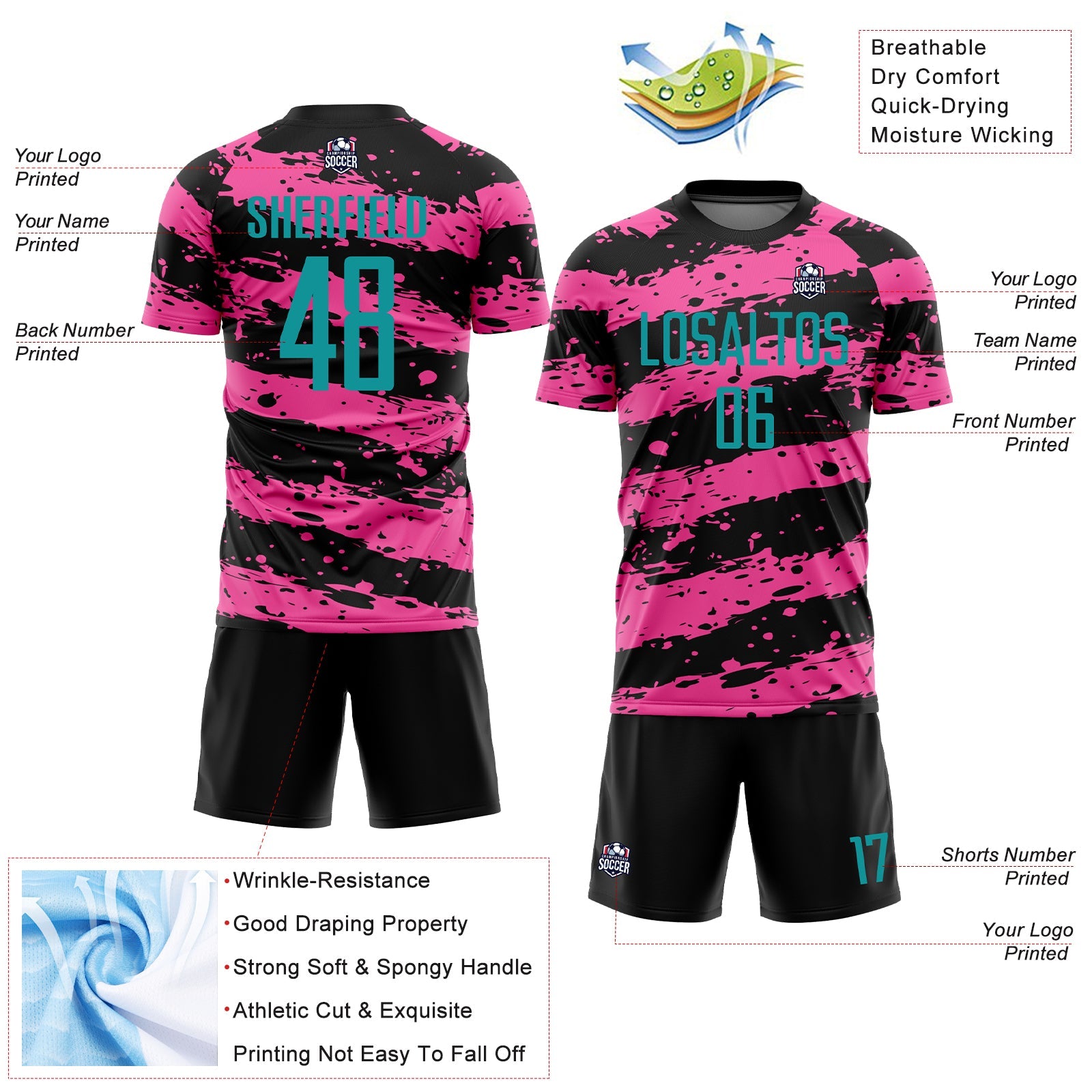 Custom Black Teal-Pink Splash Sublimation Soccer Uniform Jersey - Sky-Custom