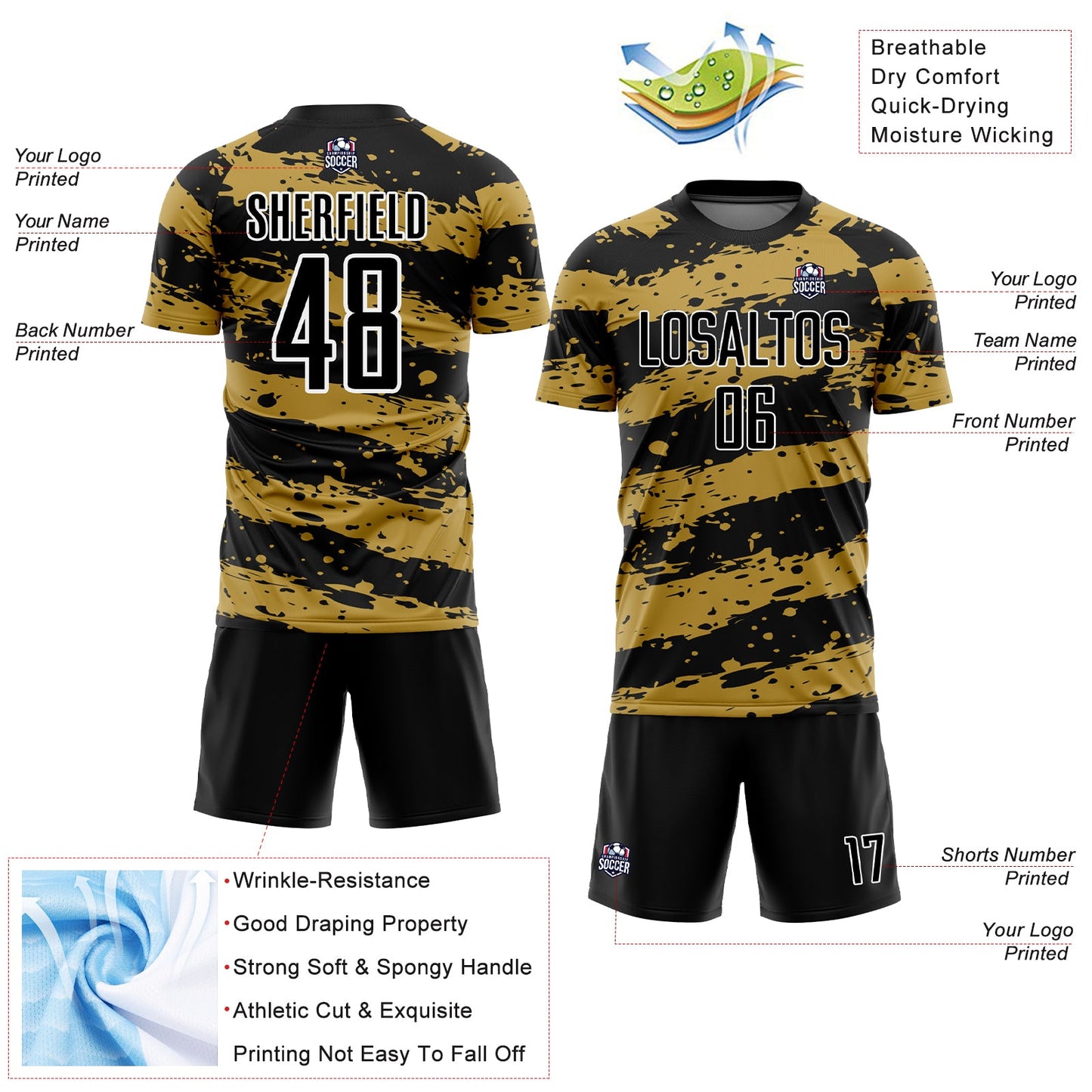 Custom Black Old Gold-White Splash Sublimation Soccer Uniform Jersey - Sky-Custom