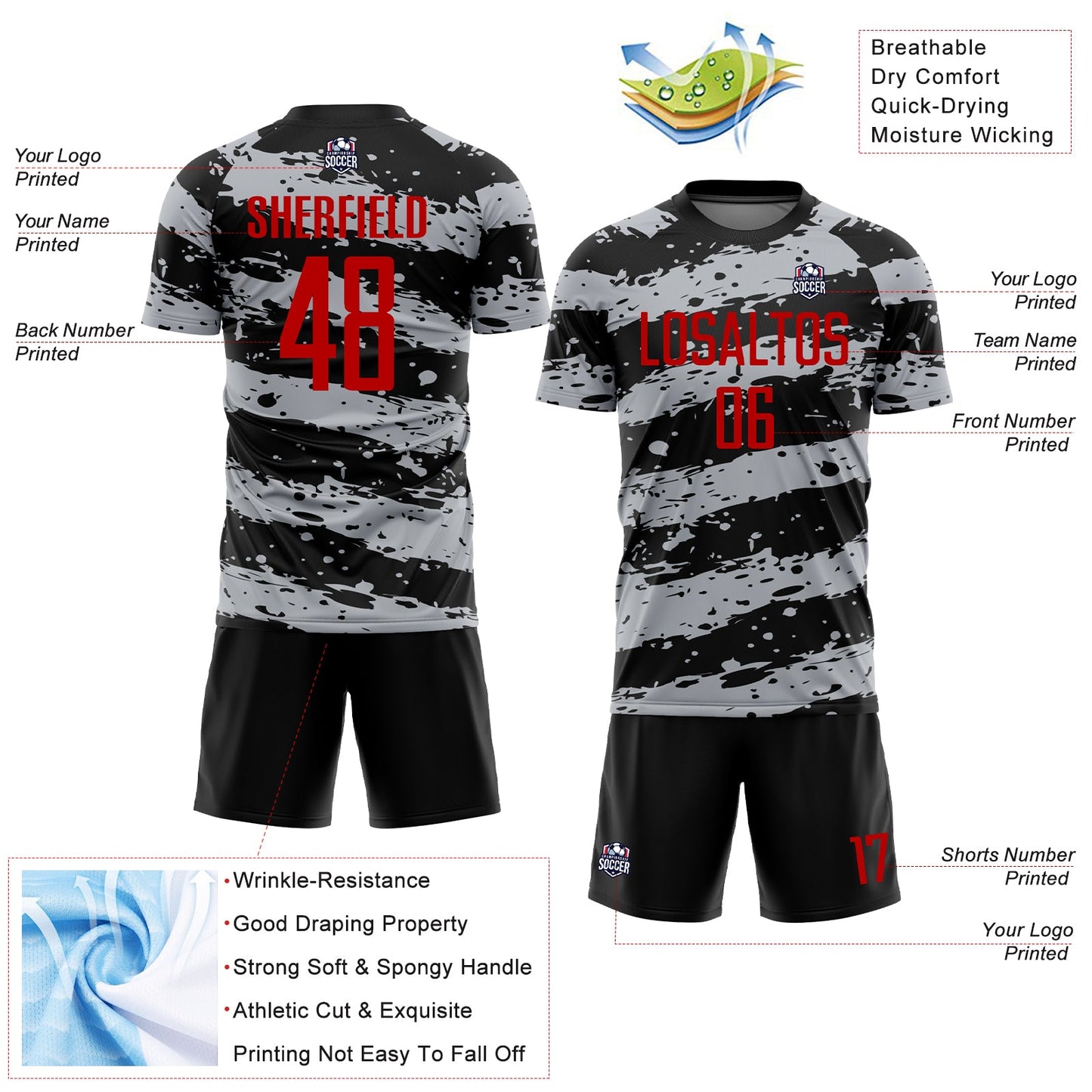 Custom Black Red-Gray Splash Sublimation Soccer Uniform Jersey - Sky-Custom