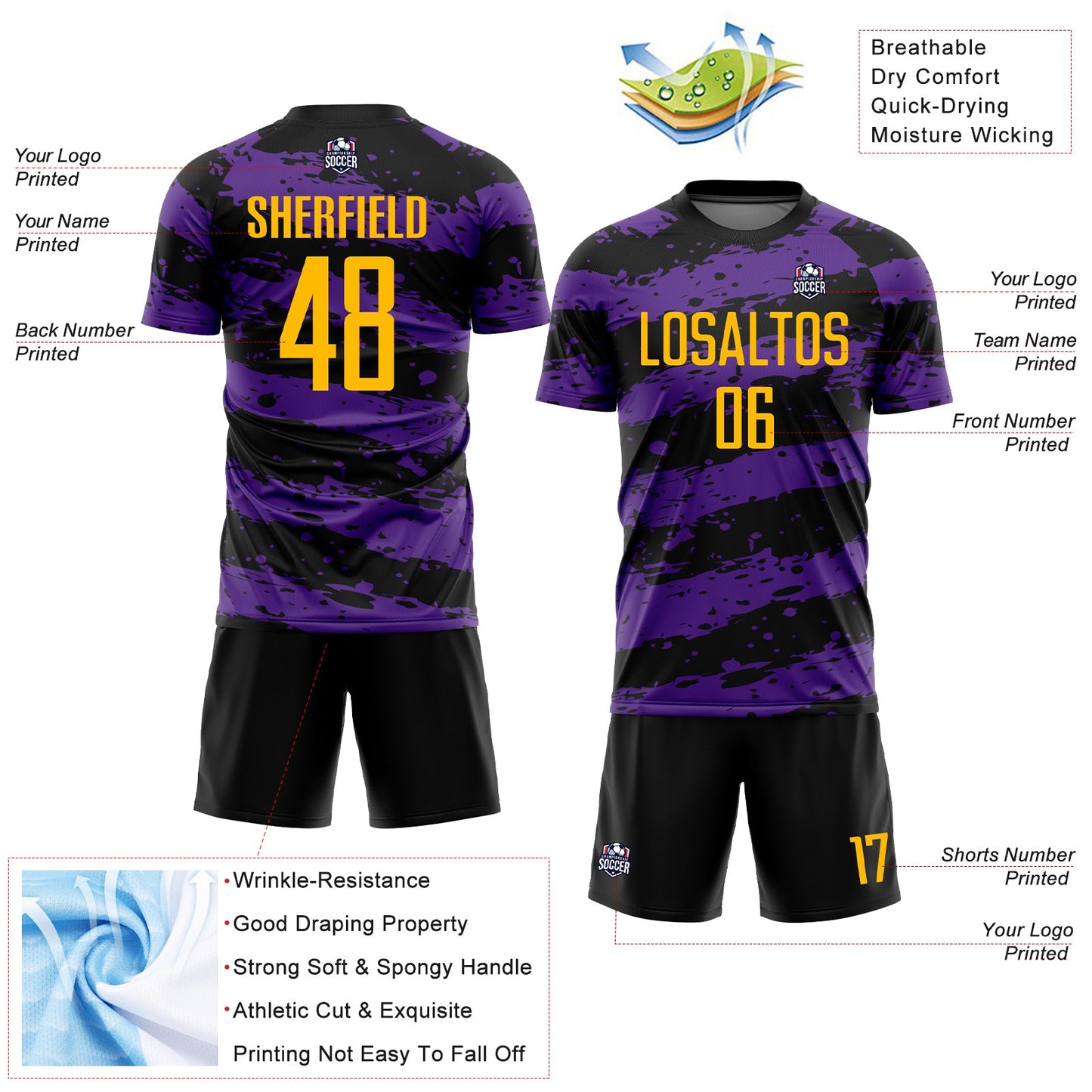 Custom Black Gold-Purple Splash Sublimation Soccer Uniform Jersey - Sky-Custom