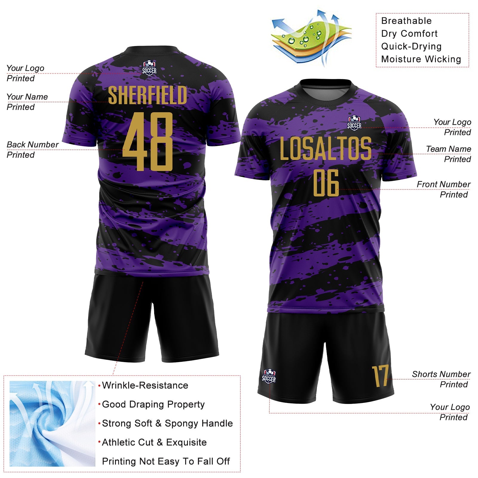Custom Black Old Gold-Purple Splash Sublimation Soccer Uniform Jersey - Sky-Custom