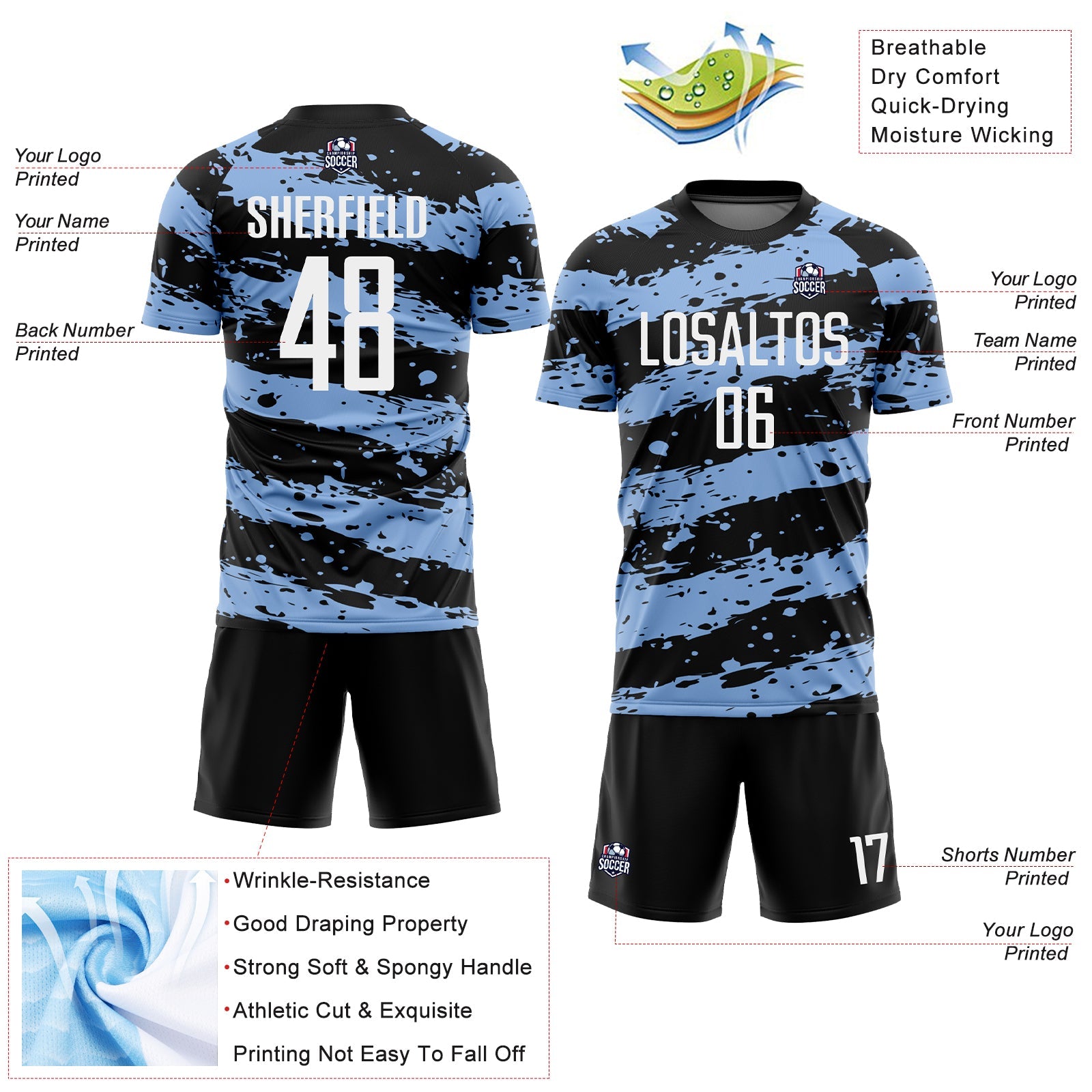 Custom Black White-Light Blue Splash Sublimation Soccer Uniform Jersey - Sky-Custom