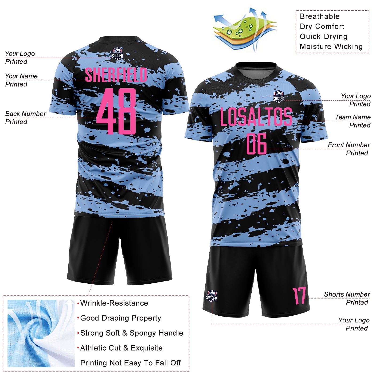Custom Black Pink-Light Blue Splash Sublimation Soccer Uniform Jersey - Sky-Custom