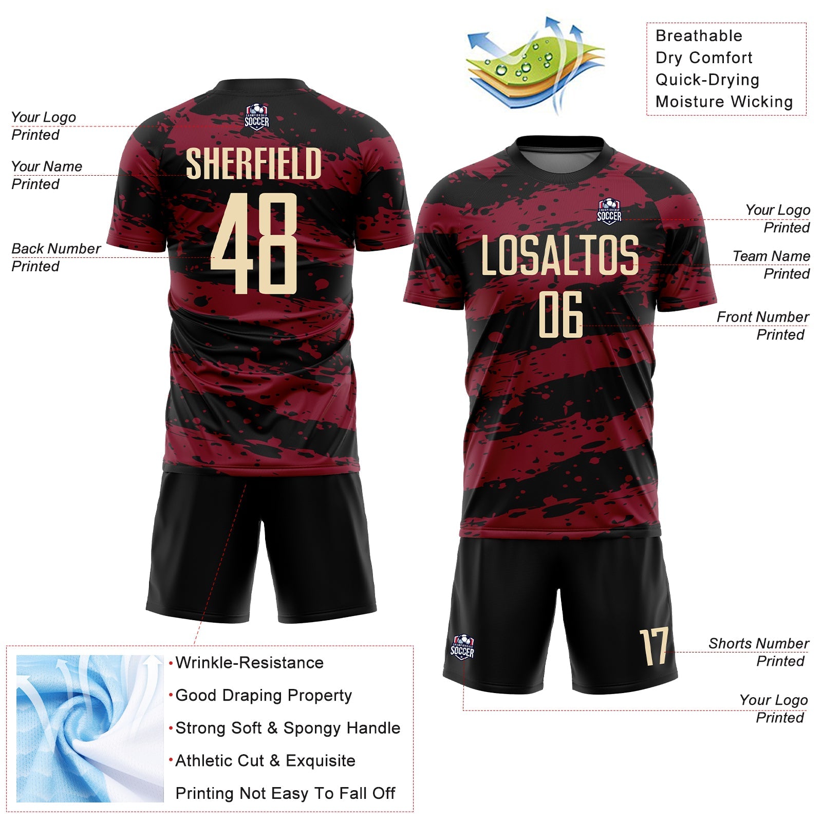 Custom Black Cream-Crimson Splash Sublimation Soccer Uniform Jersey - Sky-Custom