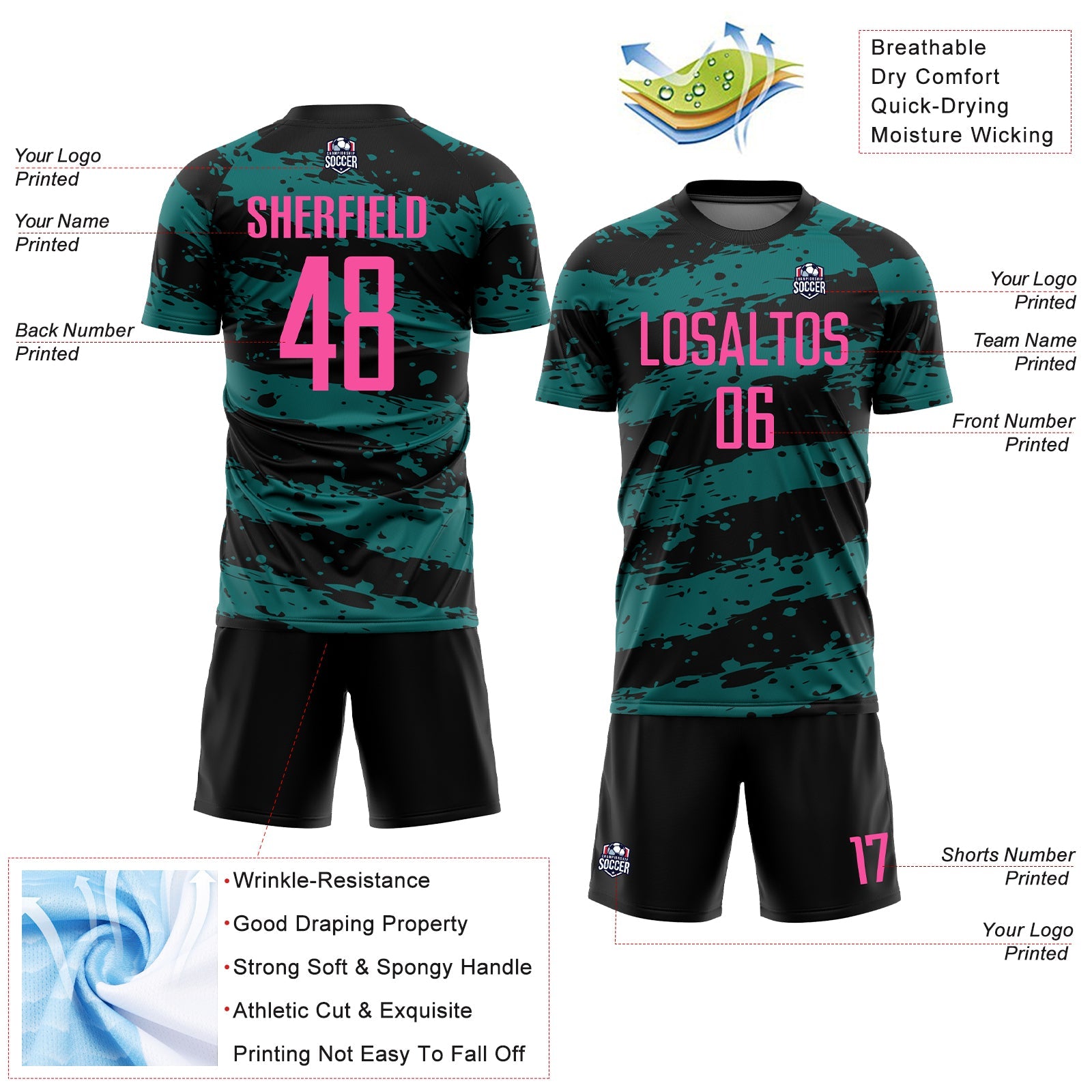 Custom Black Pink-Teal Splash Sublimation Soccer Uniform Jersey - Sky-Custom