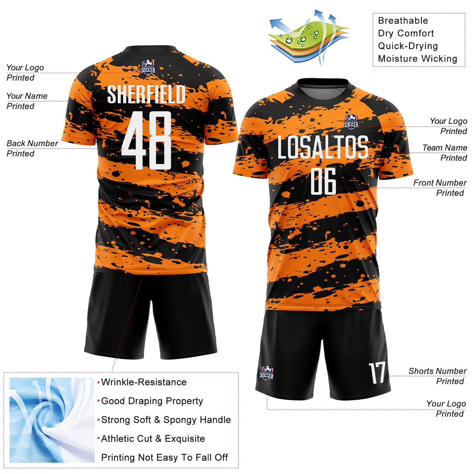 Custom Black White-Bay Orange Splash Sublimation Soccer Uniform Jersey - Sky-Custom
