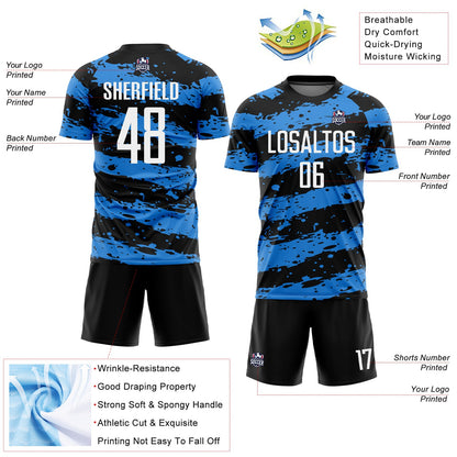 Custom Black White-Powder Blue Splash Sublimation Soccer Uniform Jersey - Sky-Custom