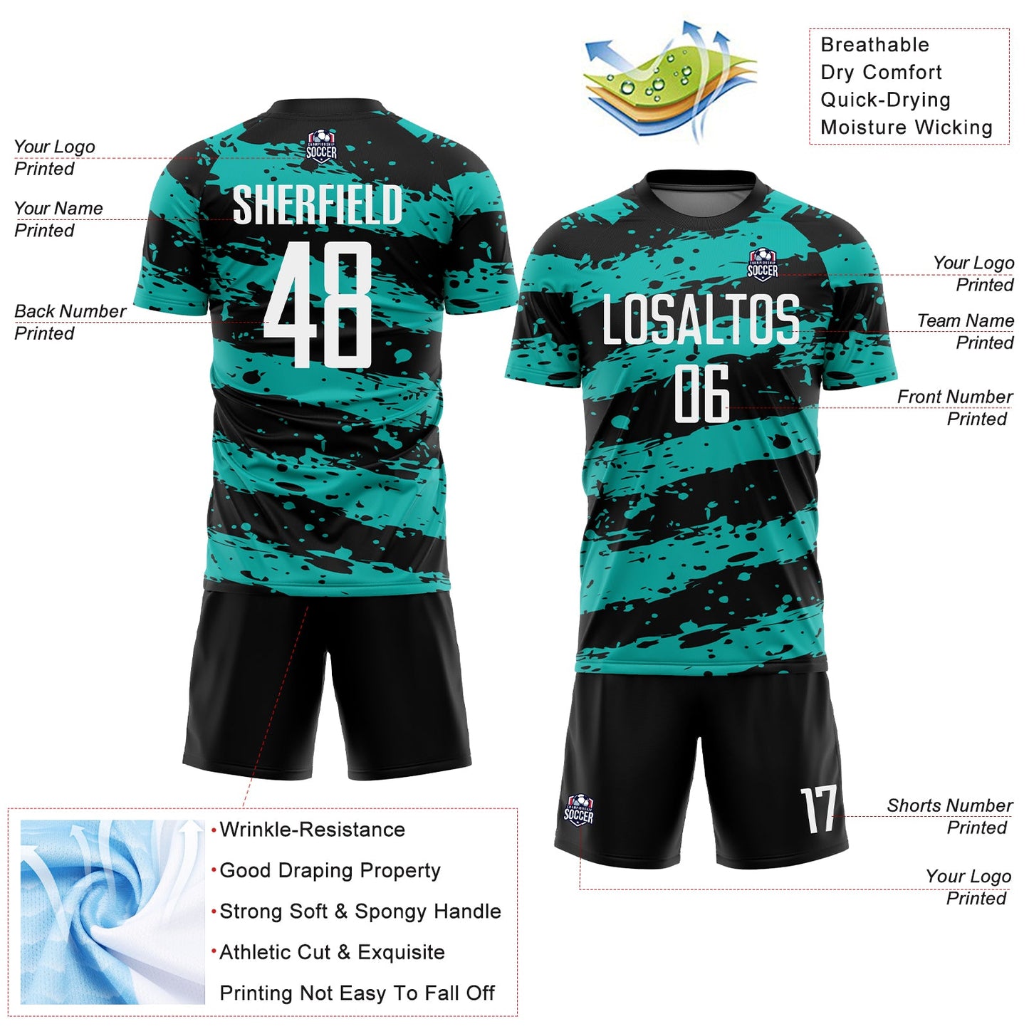 Custom Black White-Aqua Splash Sublimation Soccer Uniform Jersey - Sky-Custom
