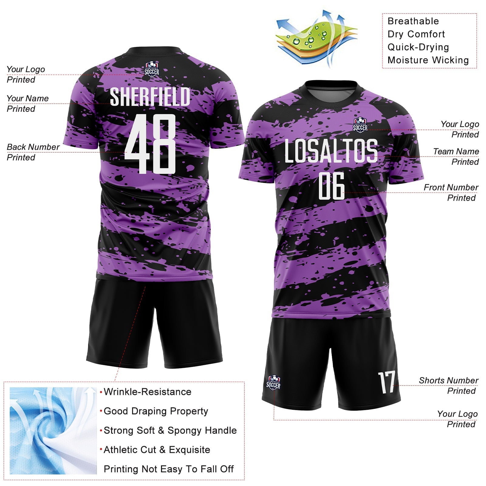 Custom Black White-Medium Purple Splash Sublimation Soccer Uniform Jersey - Sky-Custom