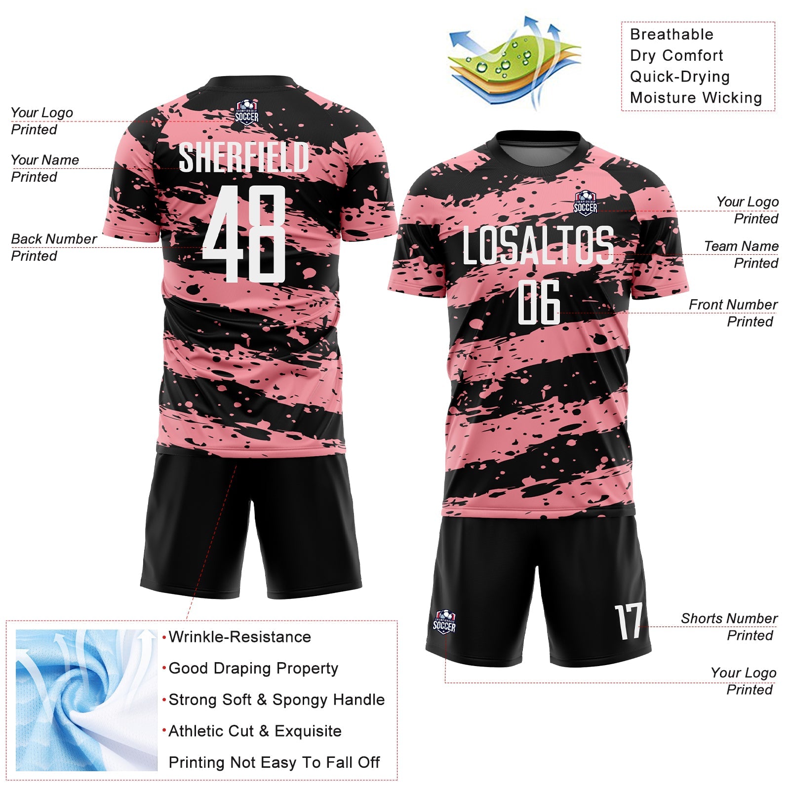 Custom Black White-Medium Pink Splash Sublimation Soccer Uniform Jersey - Sky-Custom