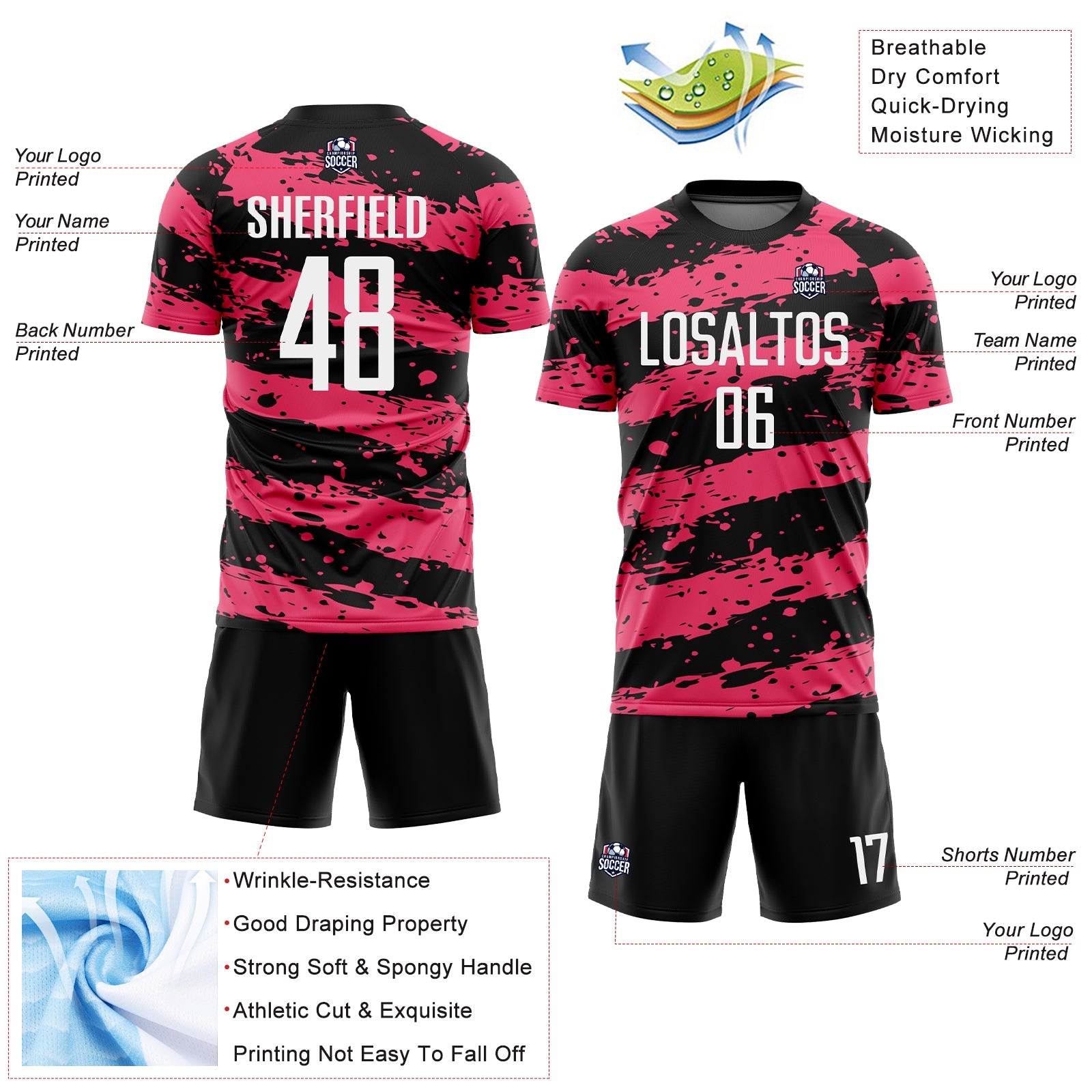 Custom Black White-Neon Pink Splash Sublimation Soccer Uniform Jersey - Sky-Custom