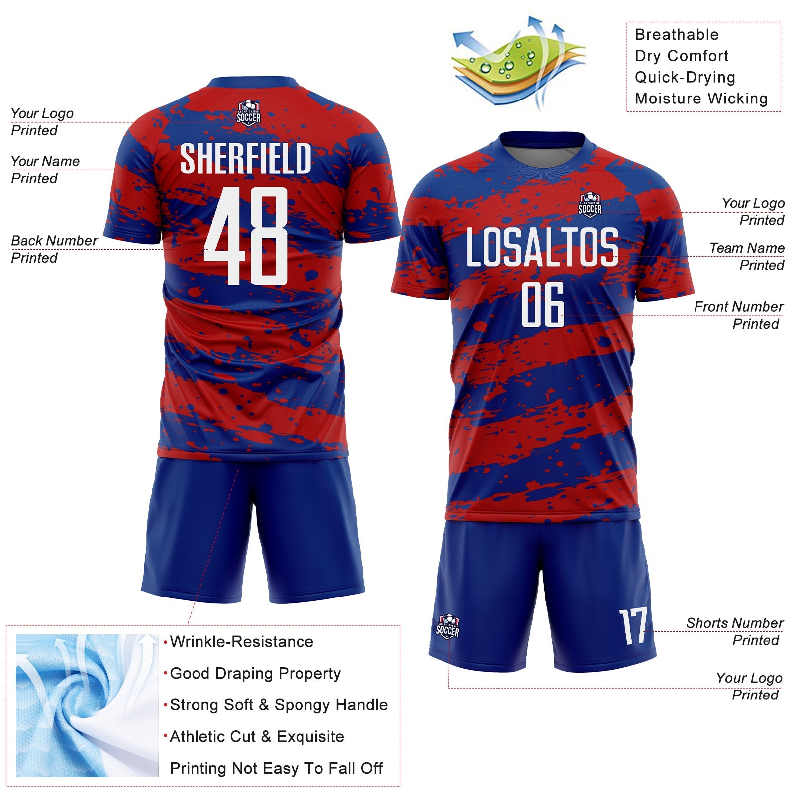 Custom Royal White-Red Splash Sublimation Soccer Uniform Jersey - Sky-Custom