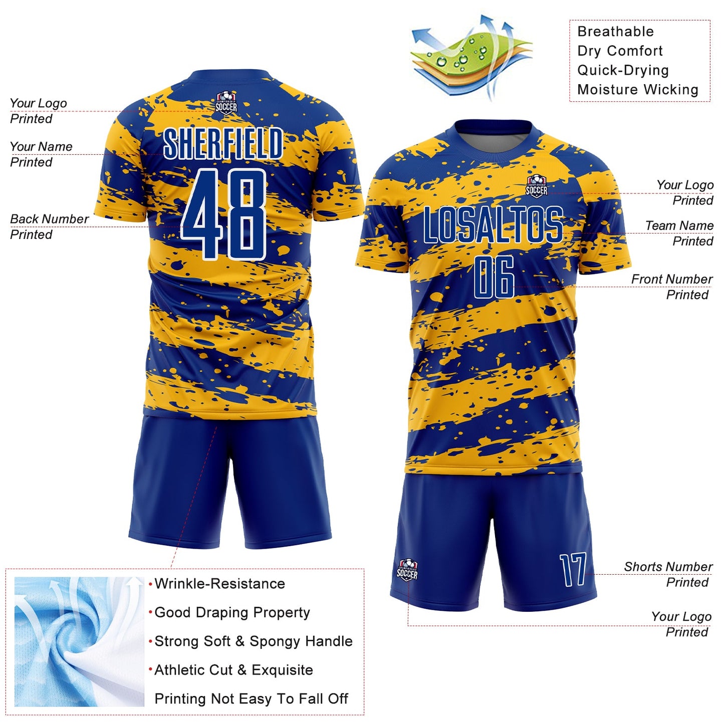 Custom Royal Gold-White Splash Sublimation Soccer Uniform Jersey - Sky-Custom
