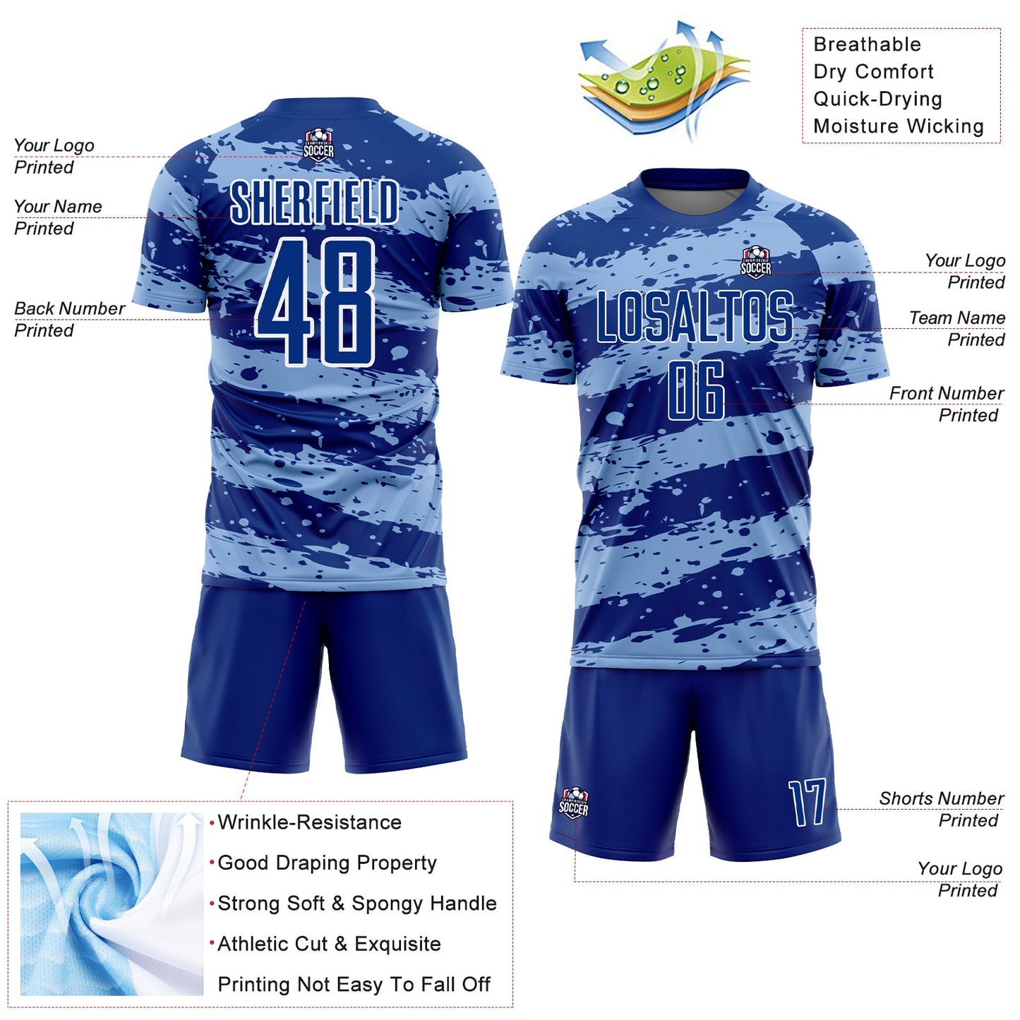 Custom Royal Light Blue-White Splash Sublimation Soccer Uniform Jersey - Sky-Custom