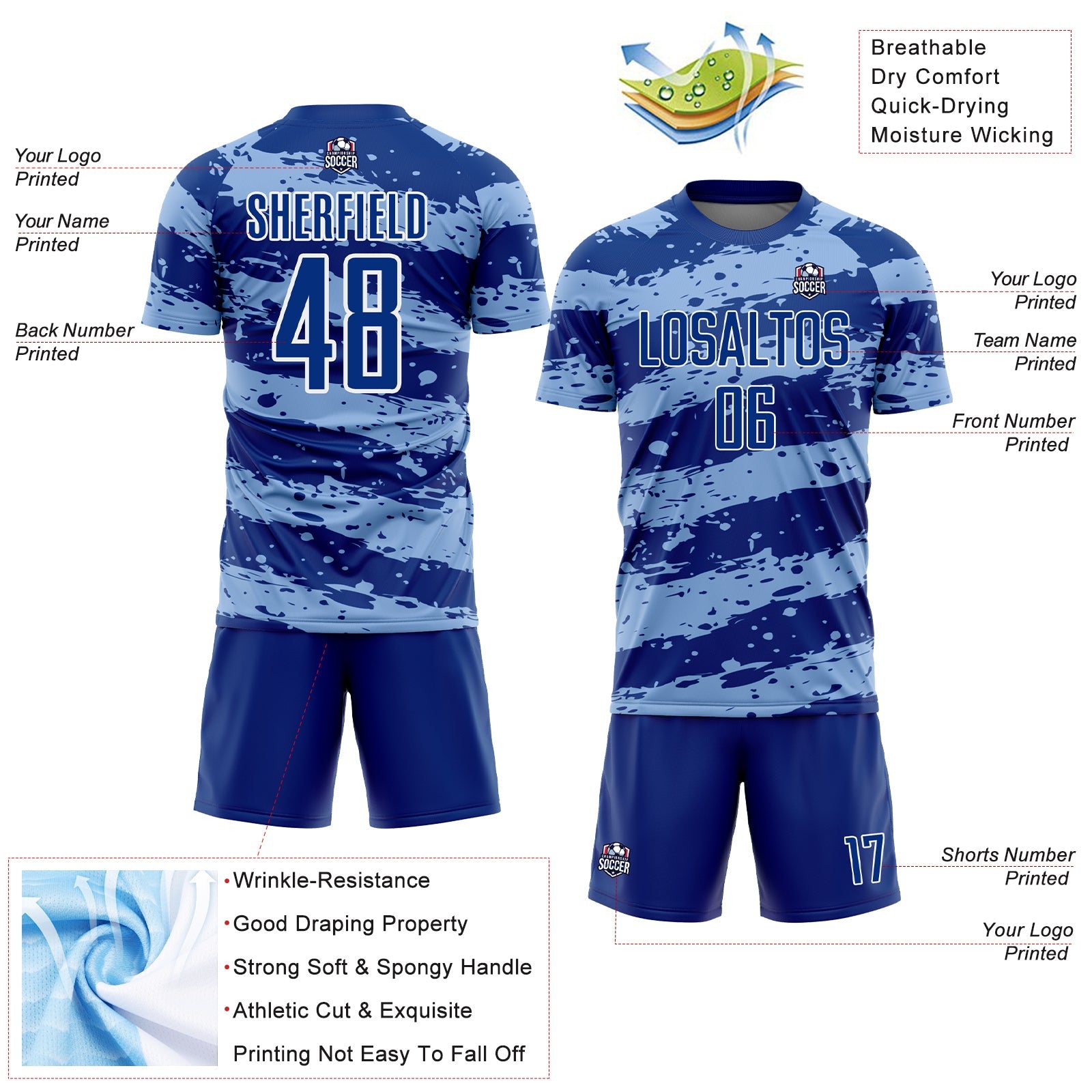 Custom Royal Light Blue-White Splash Sublimation Soccer Uniform Jersey - Sky-Custom