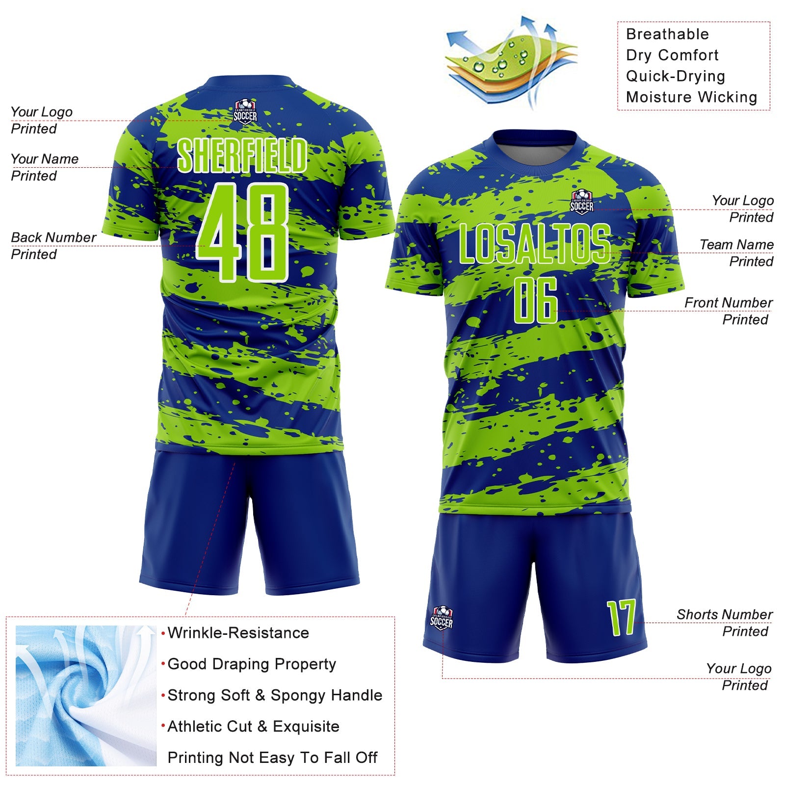 Custom Royal Neon Green-White Splash Sublimation Soccer Uniform Jersey - Sky-Custom