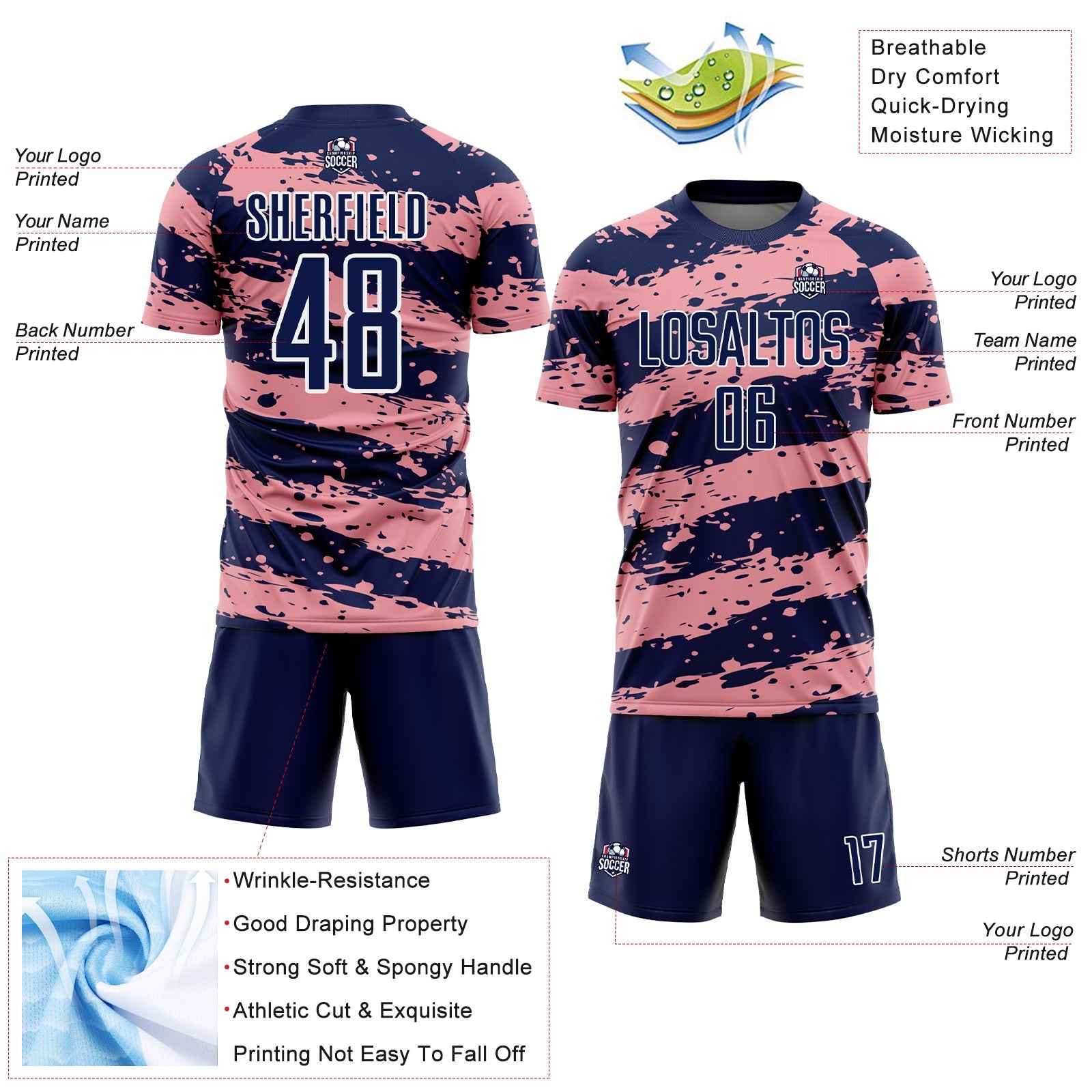 Custom Navy Medium Pink-White Splash Sublimation Soccer Uniform Jersey - Sky-Custom