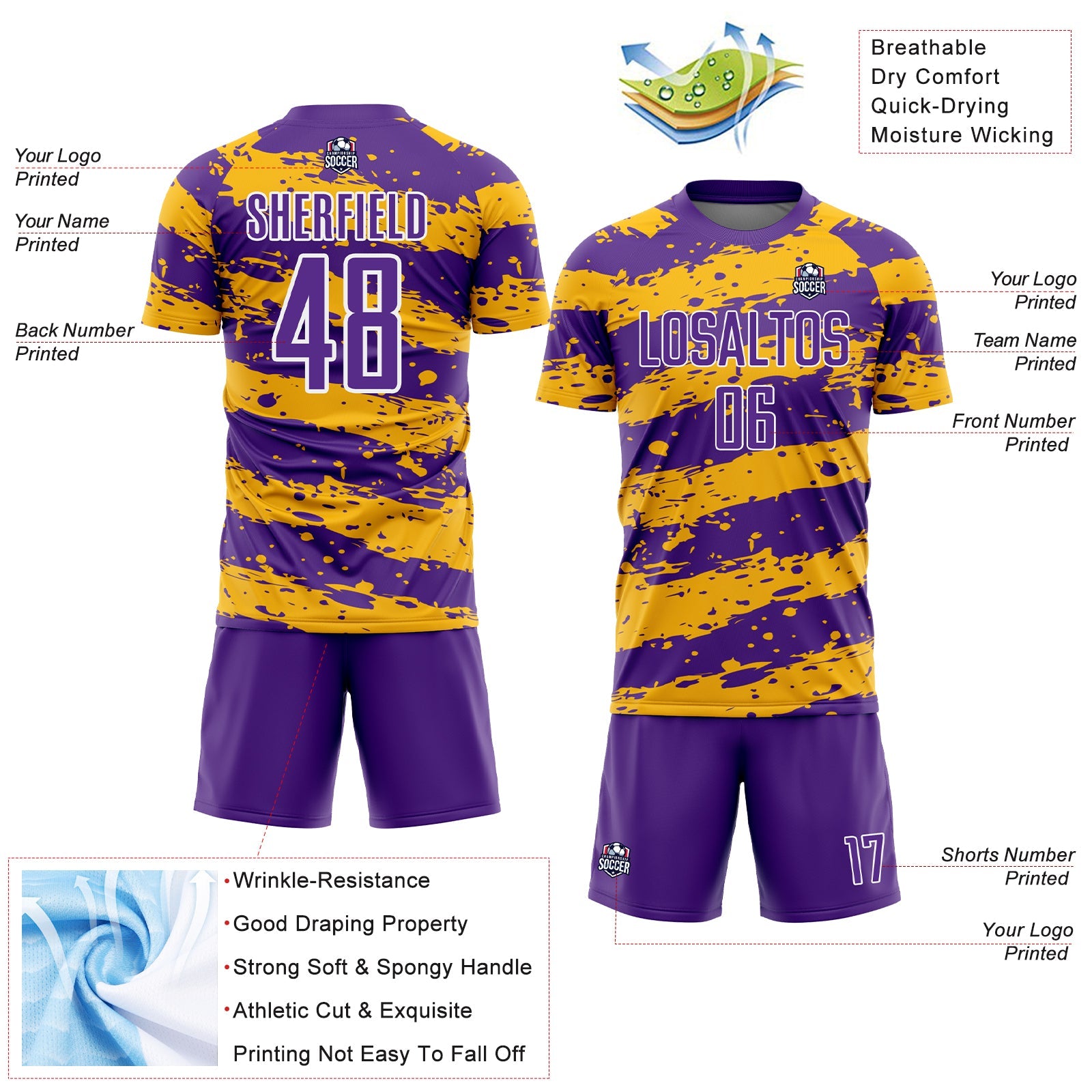 Custom Purple Gold-White Splash Sublimation Soccer Uniform Jersey - Sky-Custom