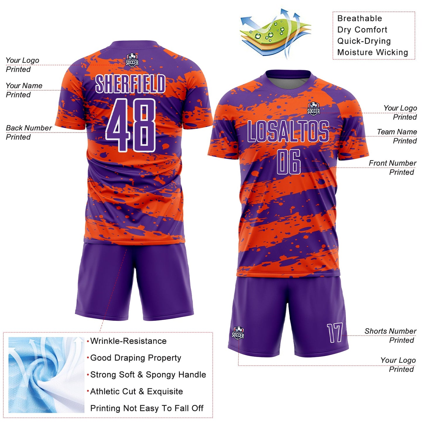 Custom Purple Orange-White Splash Sublimation Soccer Uniform Jersey - Sky-Custom
