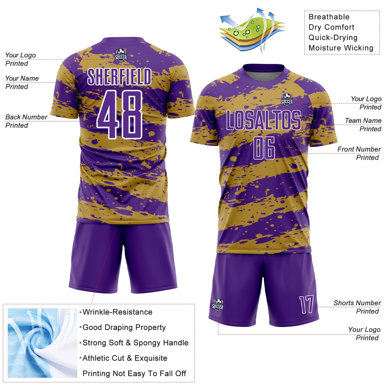 Custom Purple Old Gold-White Splash Sublimation Soccer Uniform Jersey - Sky-Custom