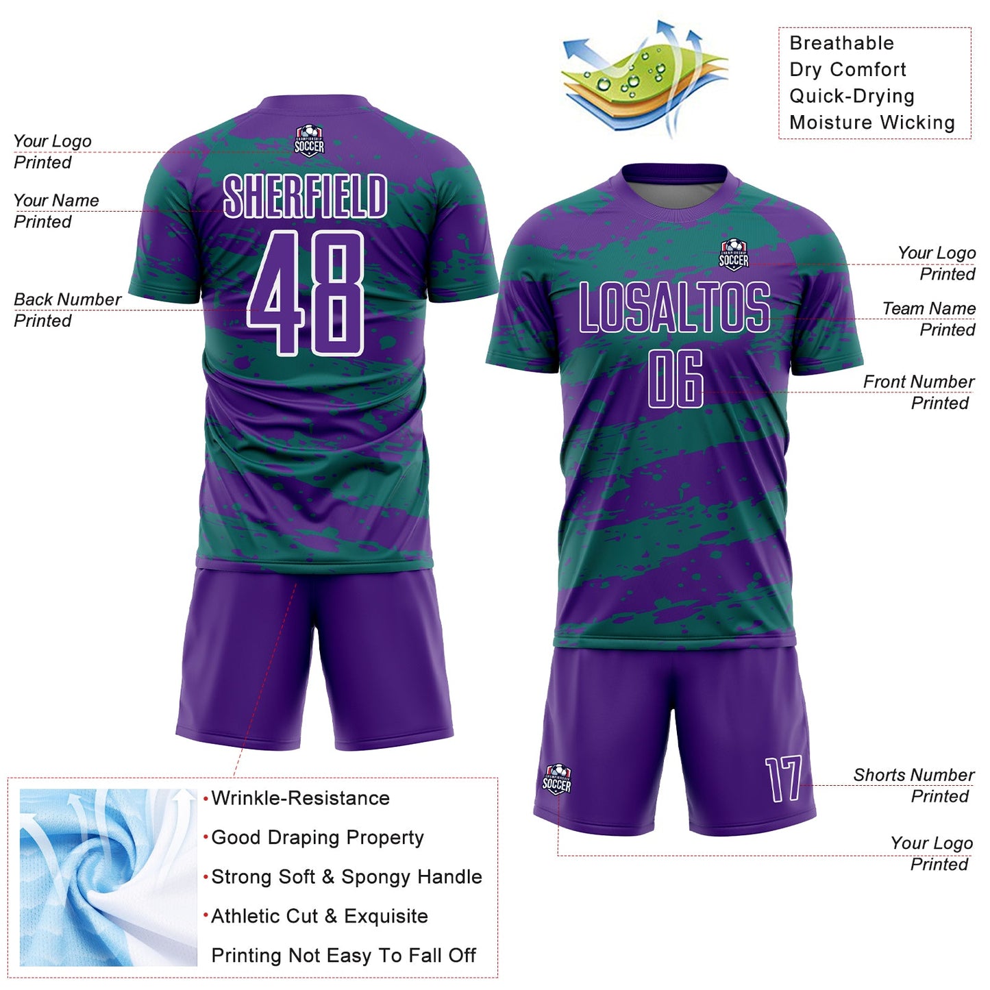Custom Purple Teal-White Splash Sublimation Soccer Uniform Jersey - Sky-Custom