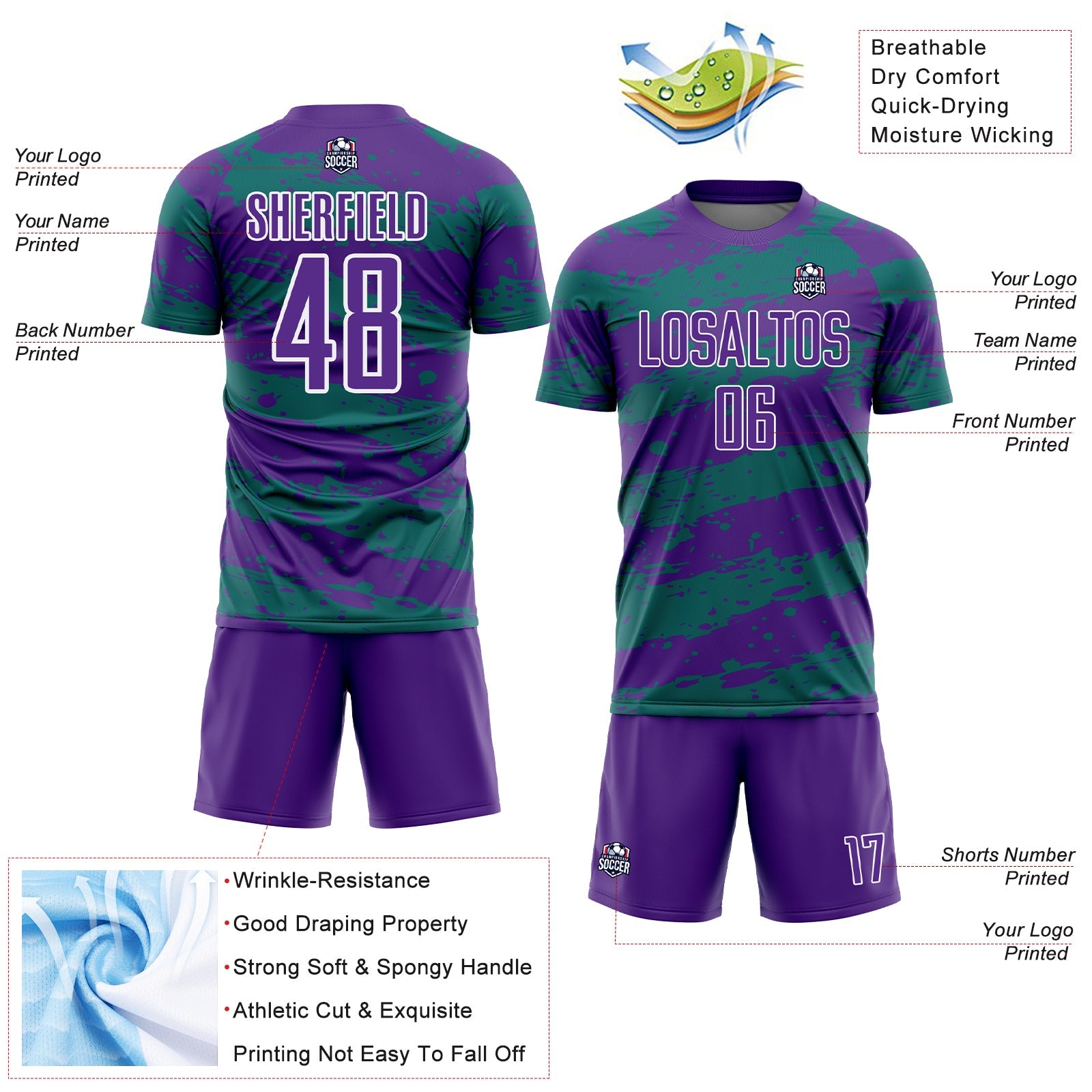 Custom Purple Teal-White Splash Sublimation Soccer Uniform Jersey - Sky-Custom