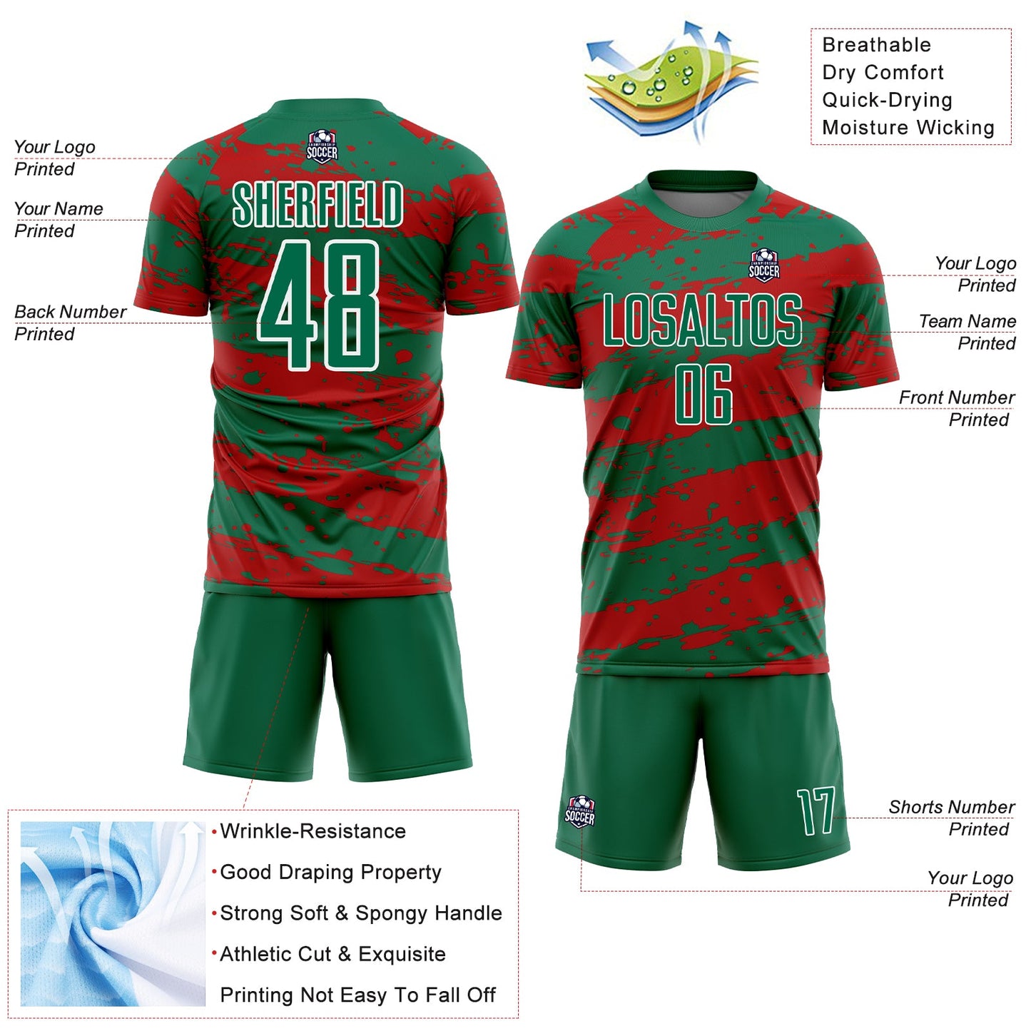 Custom Kelly Green Red-White Splash Sublimation Soccer Uniform Jersey - Sky-Custom
