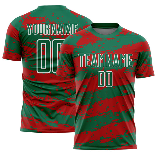 Custom Kelly Green Red-White Splash Sublimation Soccer Uniform Jersey - Sky-Custom