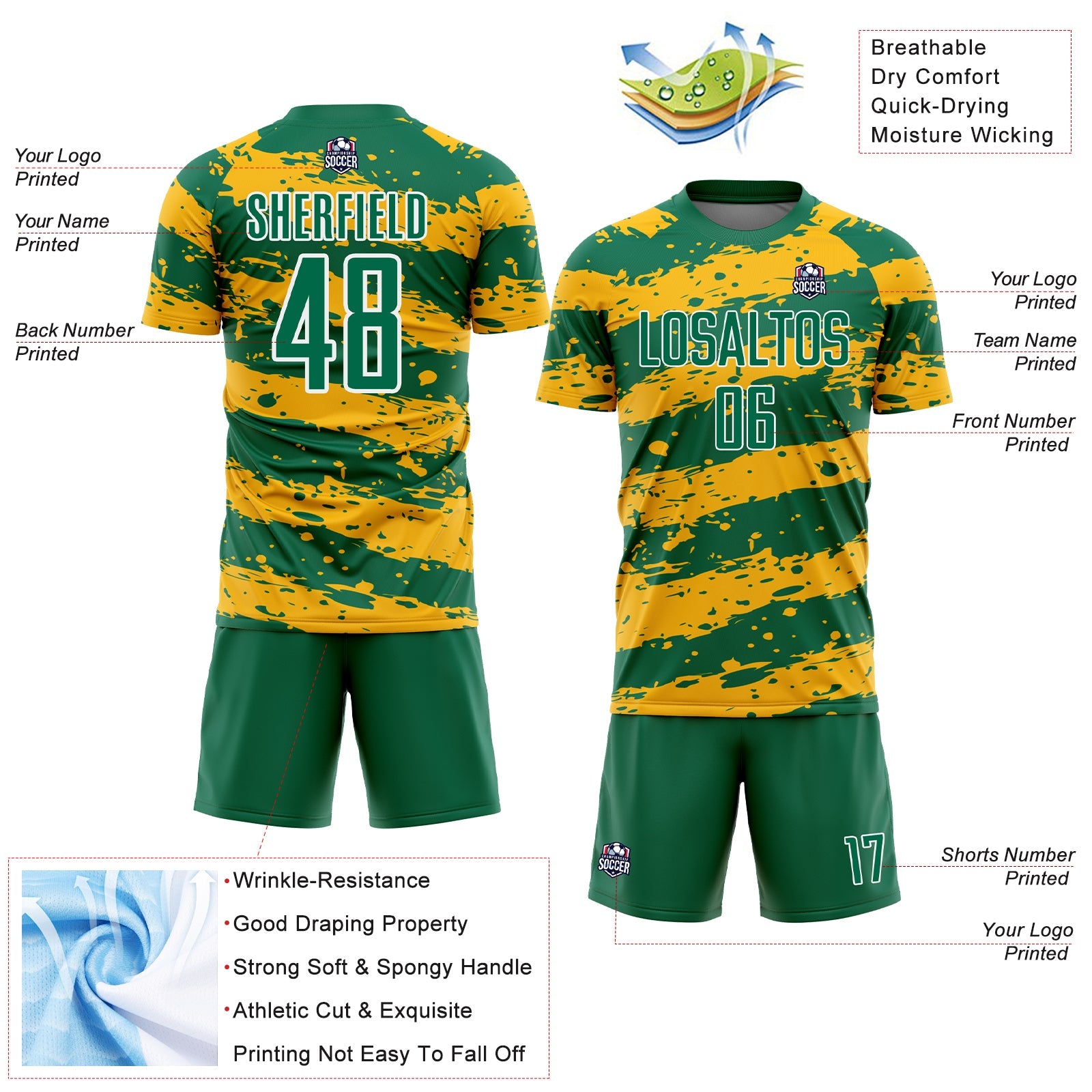 Custom Kelly Green Gold-White Splash Sublimation Soccer Uniform Jersey - Sky-Custom
