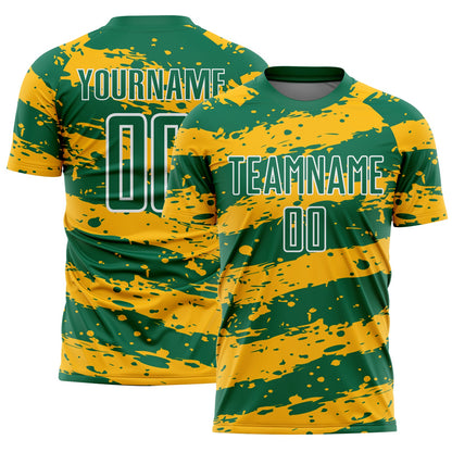 Custom Kelly Green Gold-White Splash Sublimation Soccer Uniform Jersey - Sky-Custom