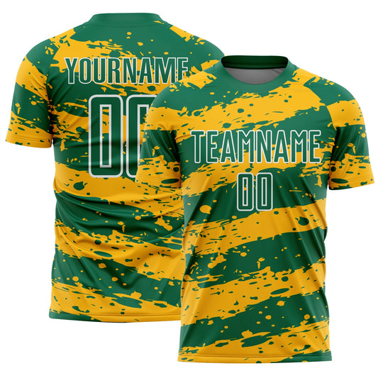 Custom Kelly Green Gold-White Splash Sublimation Soccer Uniform Jersey - Sky-Custom