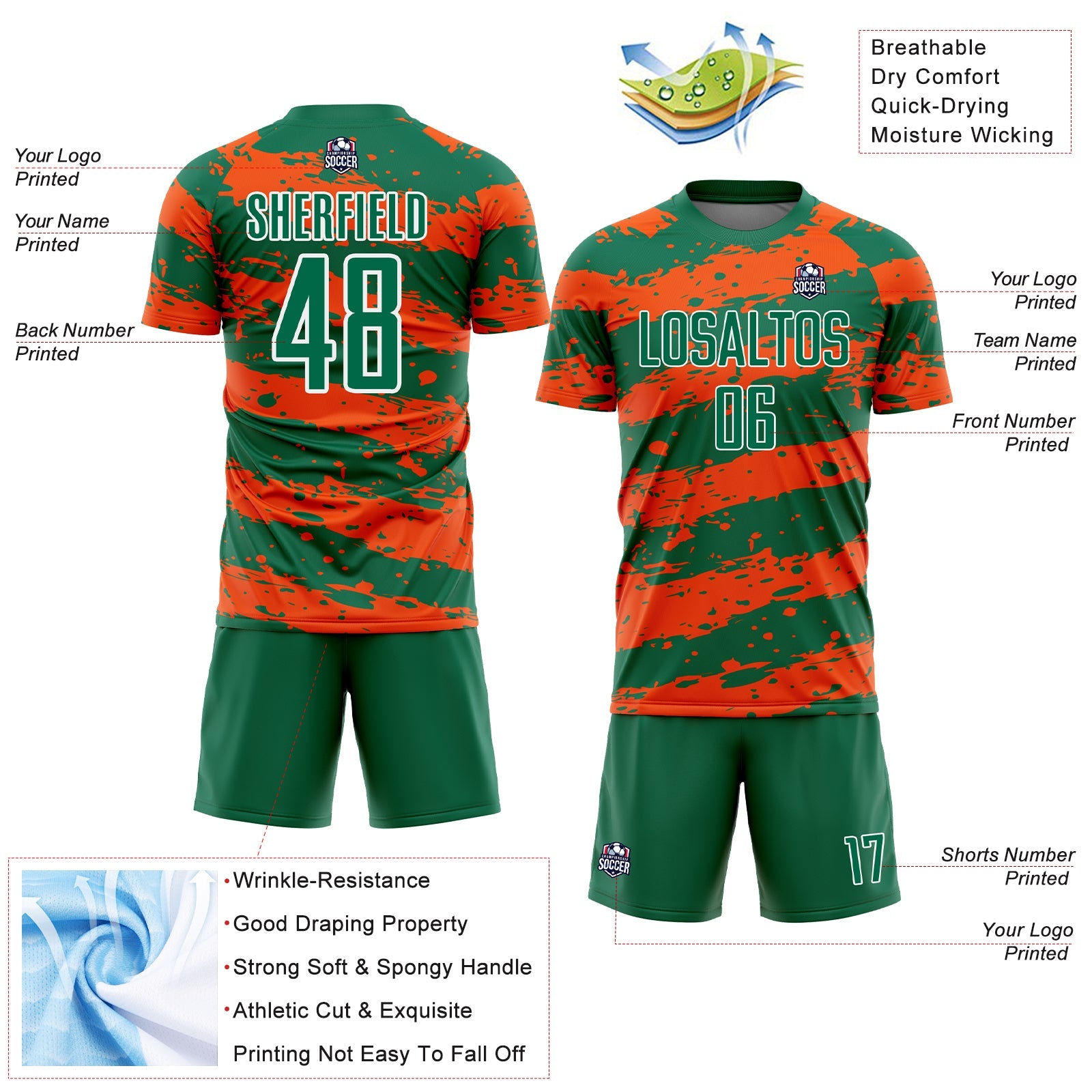 Custom Kelly Green Orange-White Splash Sublimation Soccer Uniform Jersey - Sky-Custom